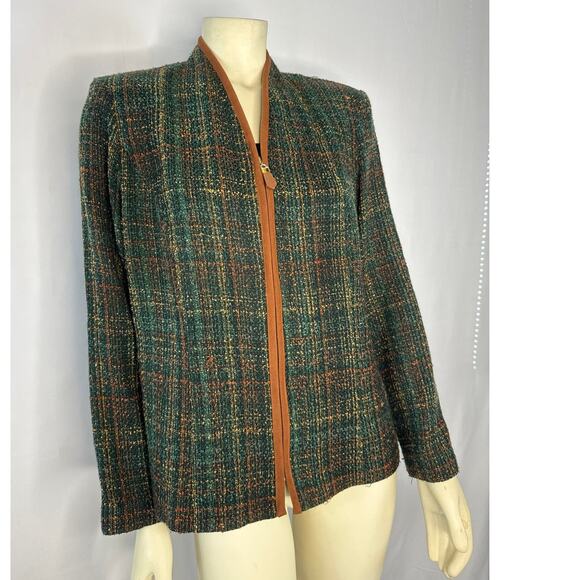Vintage M.H.M. Melissa Harper collarless brown plaid woven blazer size 14 - Picture 4 of 11